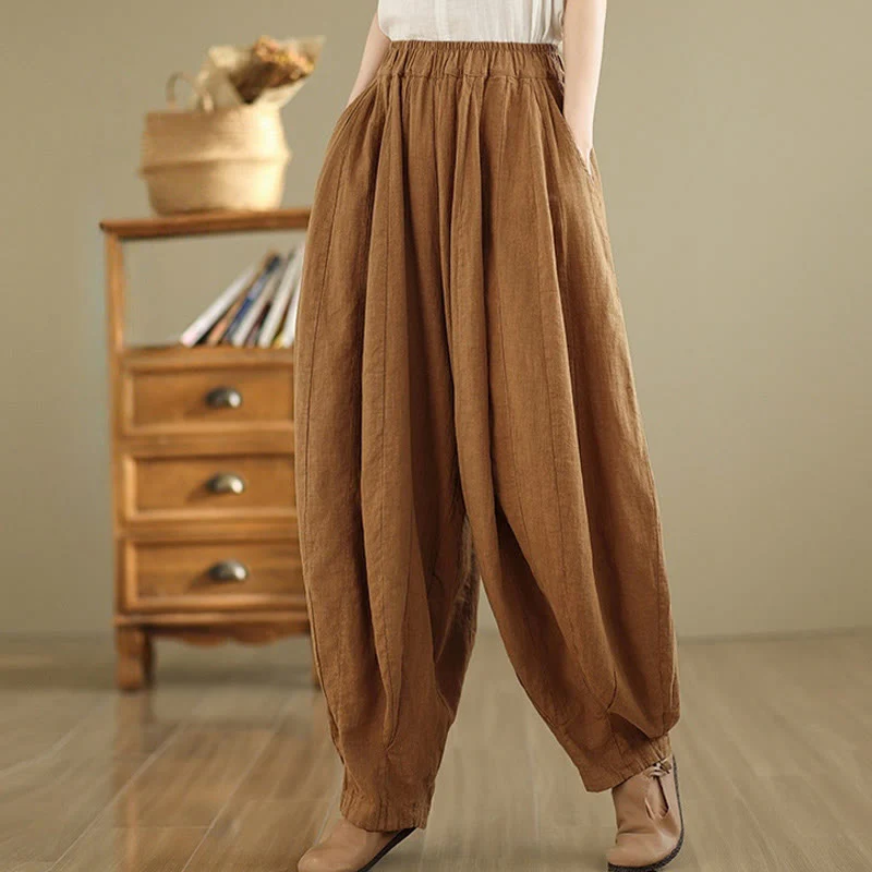 Mocoer Vintage Patchwork Lantern Design Cotton Linen Women's Wide Leg Pants With Pockets - Mocoer