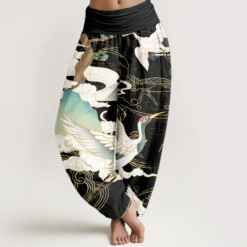 Mocoer Pure Cotton Flying Cranes Auspicious Clouds Tree women's Elastic Waist Harem Pants - Mocoer