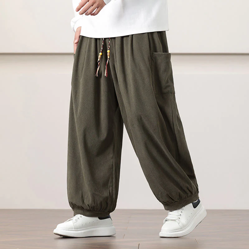 Mocoer Solid Color Corduroy Drawstring Men's Harem Pants With Pockets - Mocoer