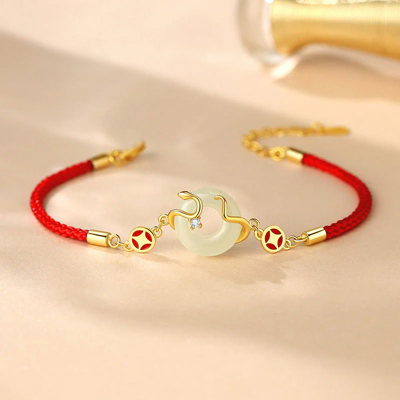 Mocoer Hetian Jade Chalcedony Peace Buckle Coin 925 Sterling Silver Year Of The Snake Red String Prosperity Bracelet - Mocoer