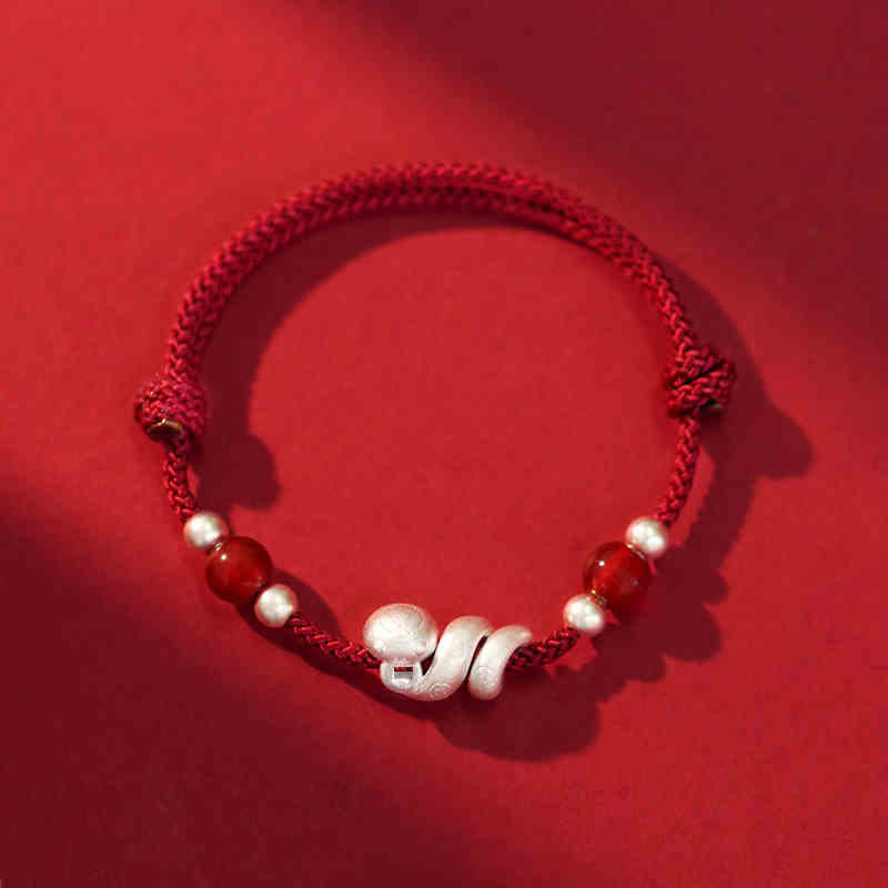 Mocoer 999 Sterling Silver Year Of The Snake Red Agate Confidence Handcrafted Bracelet - Mocoer
