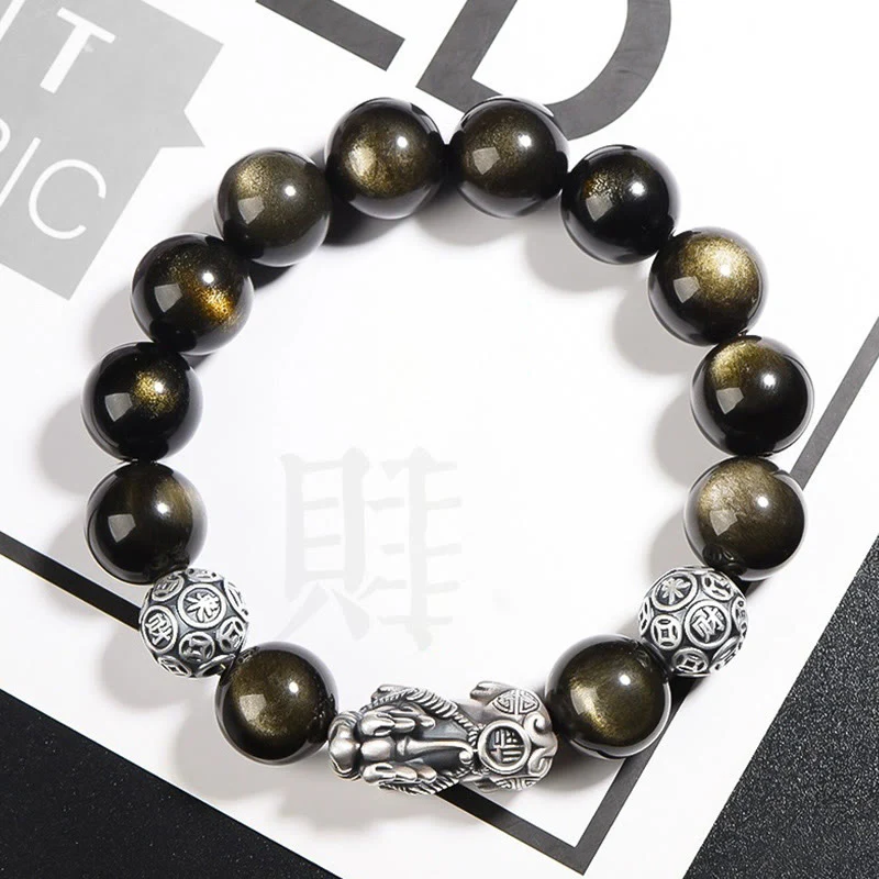 Mocoer 925 Sterling Silver Natural Gold Sheen Obsidian PiXiu Wealth Protection Bracelet - Mocoer