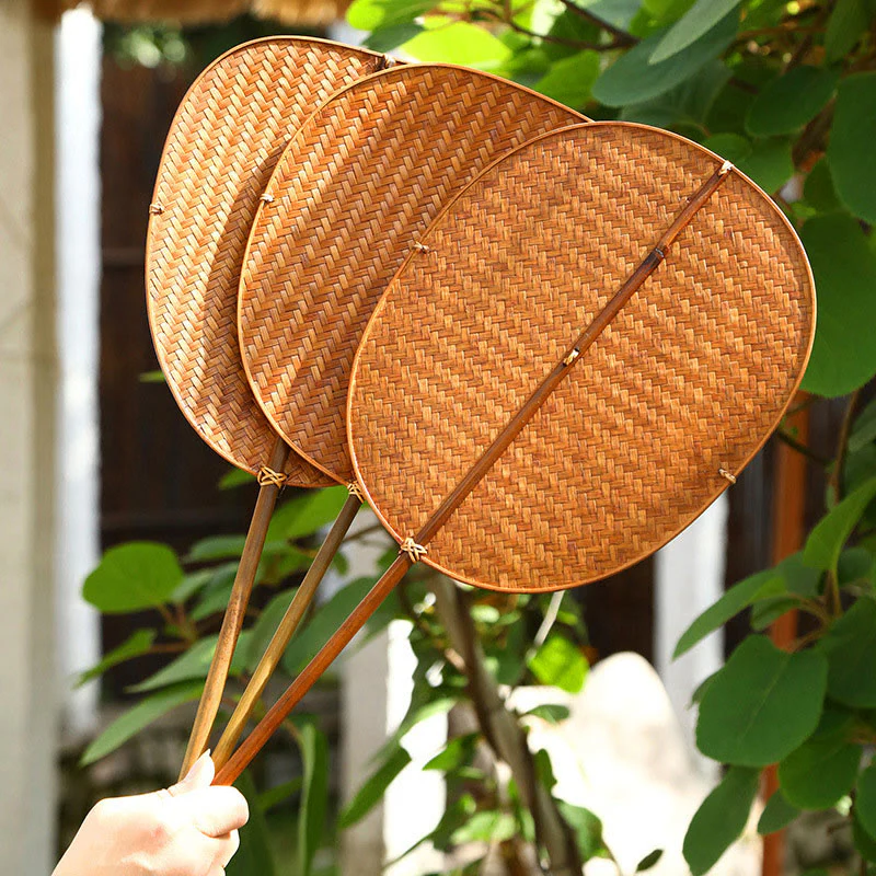 Mocoer Chinese Style Handmade Bamboo Woven Oval Round Banana Conical Shape Long Handle Fan - Mocoer