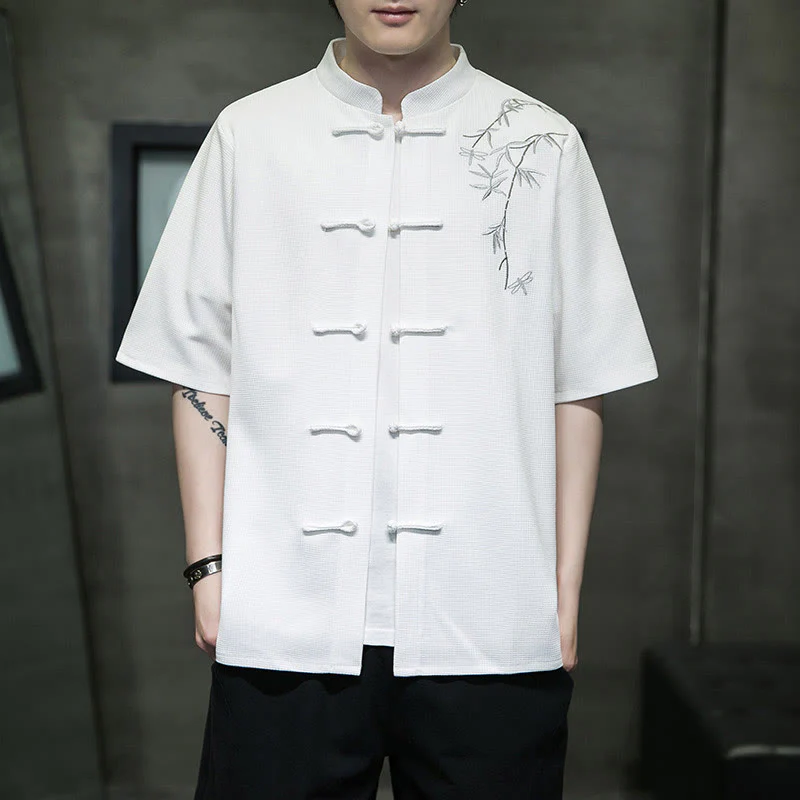 Mocoer Frog-Button Leaf Dragonfly Embroidery Men's Short Sleeve Shirt - Mocoer