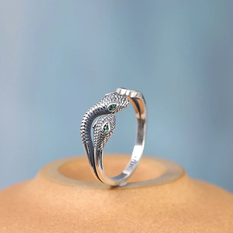 Mocoer 925 Sterling Silver Year Of The Snake Two-headed Snake Adjustable Open Ring - Mocoer