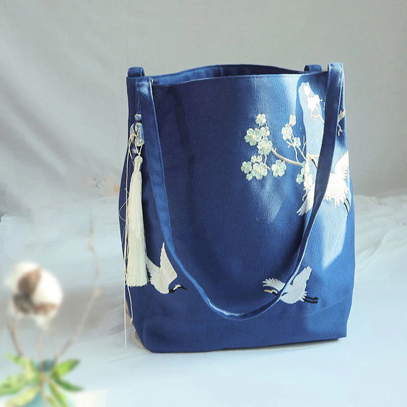 Mocoer Flower Crane Plum Blossom Embroidery Canvas Large Capacity Shoulder Bag Tote Bag - Mocoer