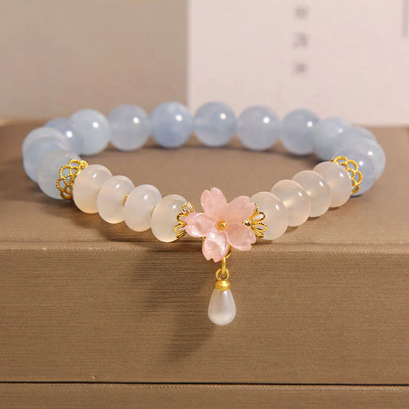 Mocoer Aquamarine White Agate Pearl Abacus Beads Flower Healing Bracelet - Mocoer