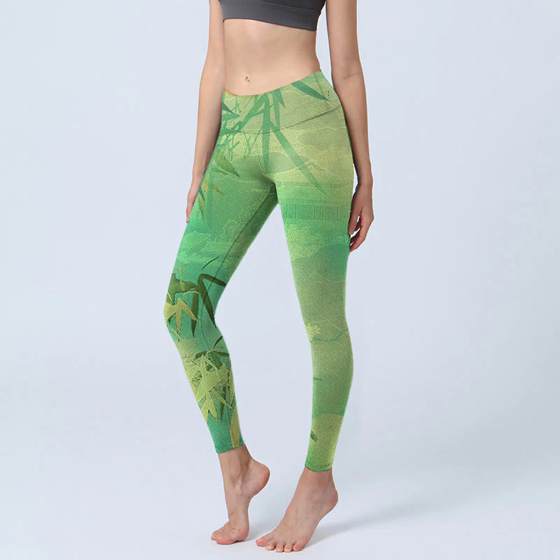 Mocoer Green Bamboo Pavilion Print Gym Leggings Women's Yoga Pants - Mocoer