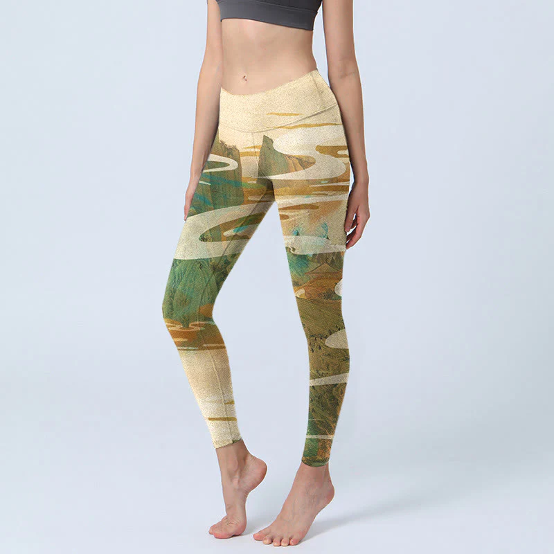 Mocoer Green Mountains Clouds Mist Print Fitness Leggings Women's Yoga Pants - Mocoer