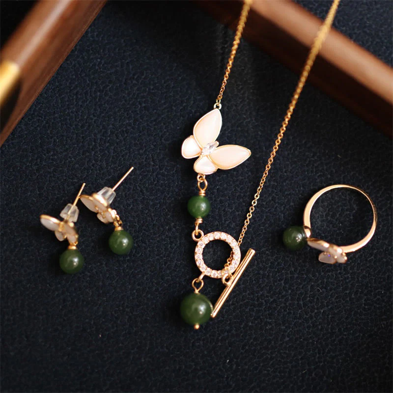 Mocoer Natural Cyan Jade Tridacna Stone Butterfly Bead Healing Necklace Pendant Ring Earrings - Mocoer