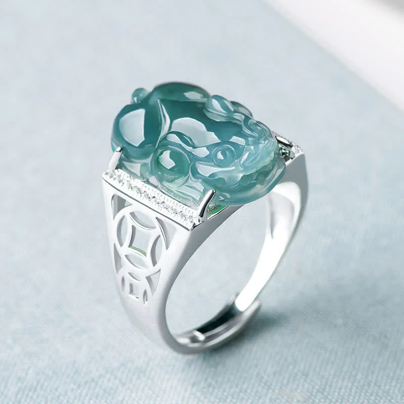 Mocoer 925 Sterling Silver Fengshui Wealth Prosperity Jade PiXiu Luck Ring - Mocoer