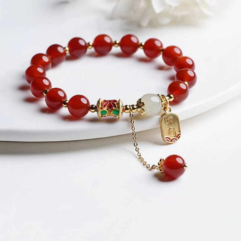 Mocoer Natural Red Agate Hetian Jade Fu Character Confidence Charm Bracelet - Mocoer