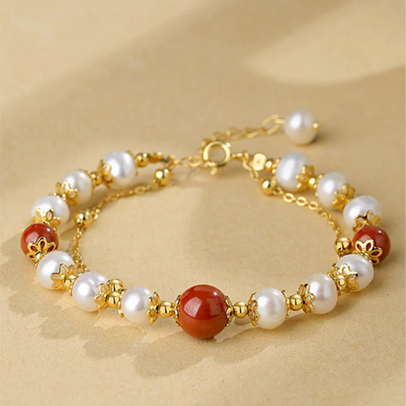 Mocoer 925 Sterling Silver Pearl Cinnabar Wisdom Bead Double Layer Chain Bracelet - Mocoer