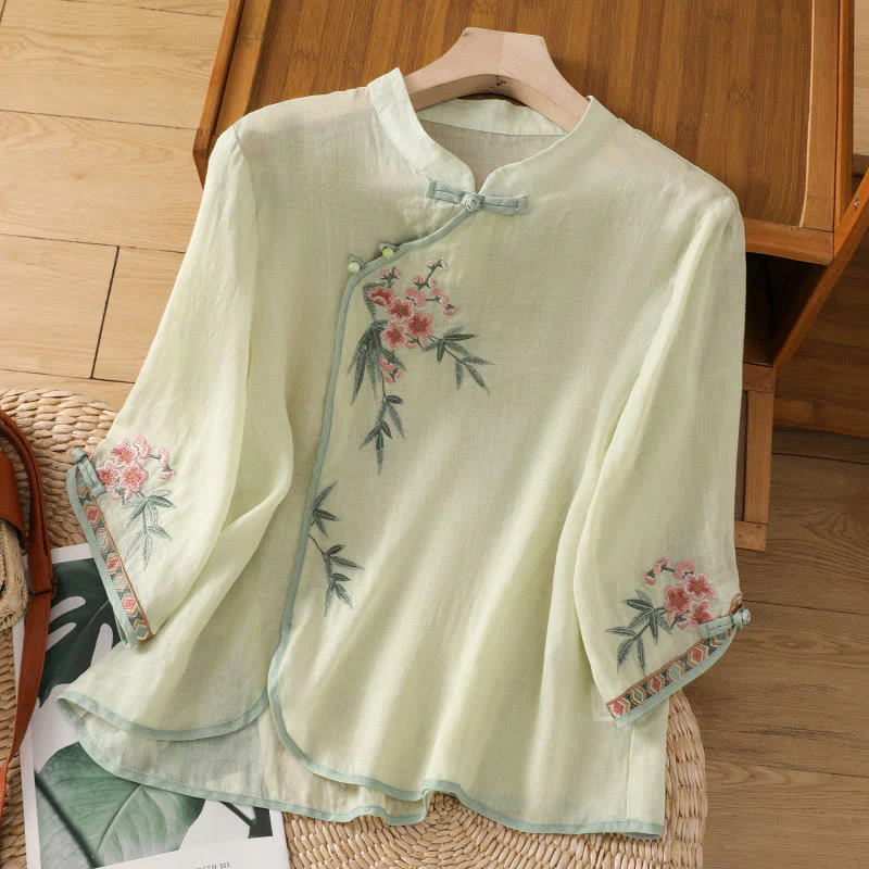 Mocoer Casual Embroidered Flower Stand Collar Design Three Quarter Sleeve Women's Cotton Linen Shirt - Mocoer