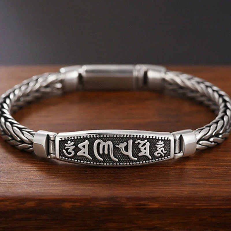 Mocoer Tibetan Copper Weave Om Mani Padme Hum Relief Vajra Peace Metal Bracelet - Mocoer