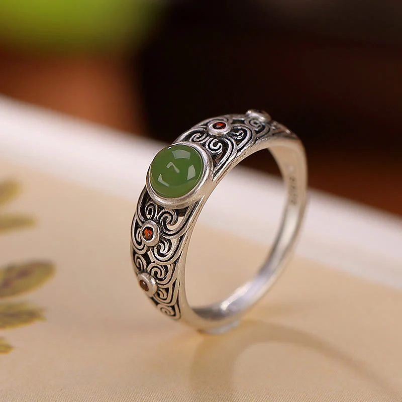 Mocoer 925 Sterling Silver Hetian Cyan Jade Harmony Adjustable Ring - Mocoer