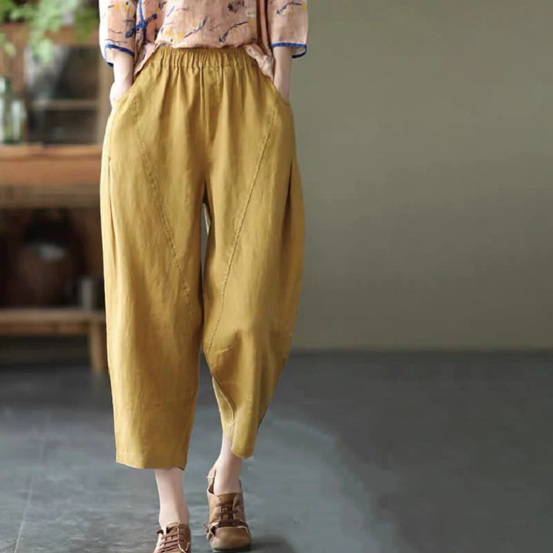 Mocoer Summer Casual Splicing Plain Design Cotton Linen Women's Harem Pants With Pockets - Mocoer