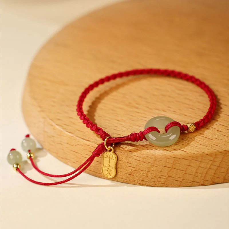 Mocoer Natural Hetian Jade Peace Buckle Red String Luck Braided Bracelet - Mocoer