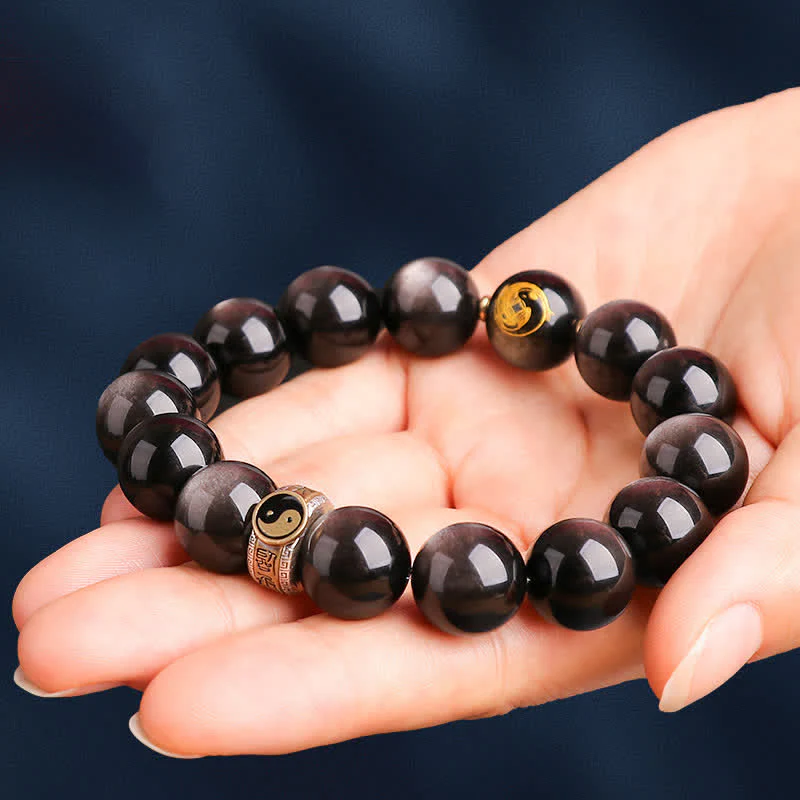 Mocoer 925 Sterling Silver Black Obsidian Gold Sheen Obsidian Silver Sheen Obsidian Yin Yang Protection Bracelet - Mocoer