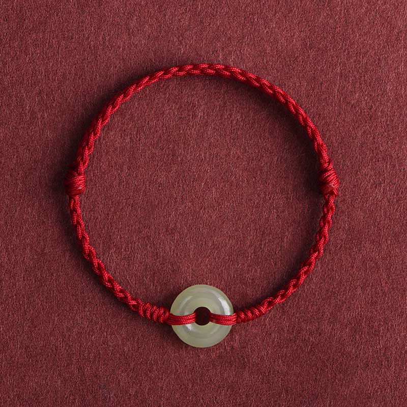 Mocoer Natural Hetian Jade Peace Buckle Protection Luck Braided Bracelet Anklet - Mocoer