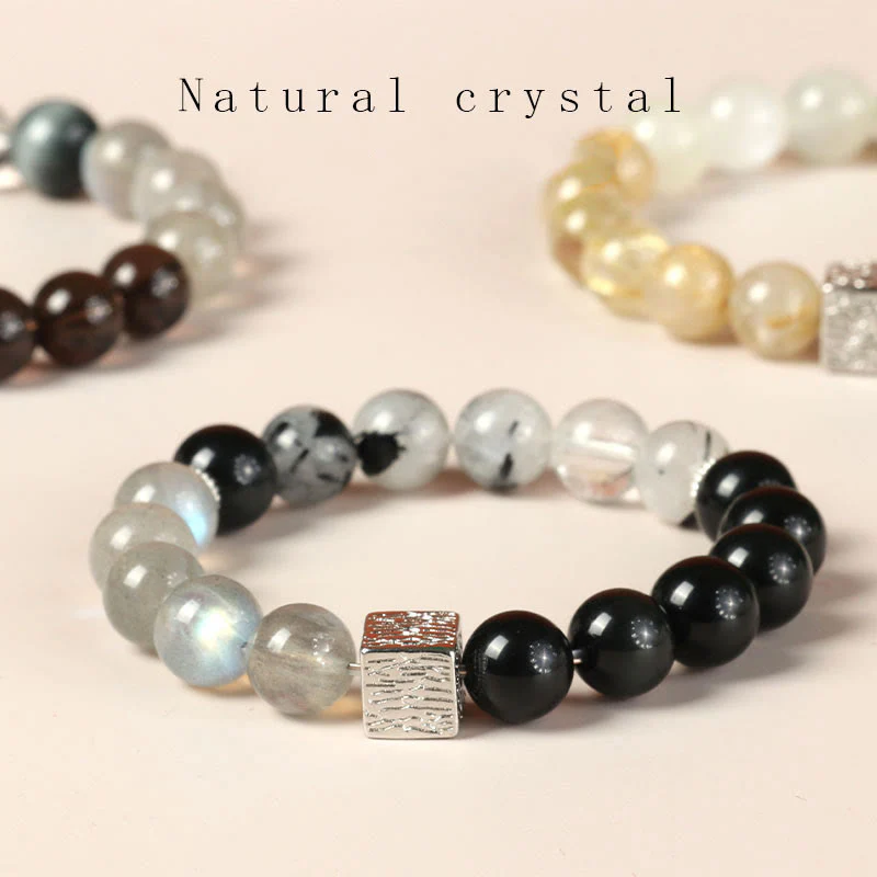 Mocoer Black Obsidian Black Rutilated Quartz Moonstone Cube Strength Bracelet - Mocoer