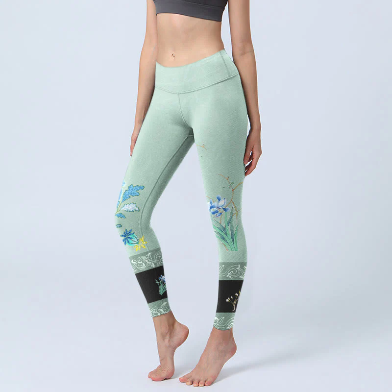 Mocoer Mint Green Blue Peony Butterfly Print Sports Leggings Women's Yoga Pants - Mocoer