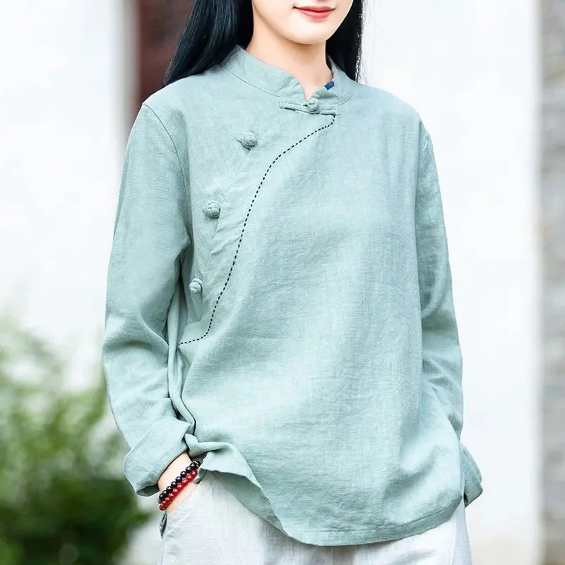 Mocoer Oblique Collar Knot button Cotton Loose Linen Clothing - Mocoer