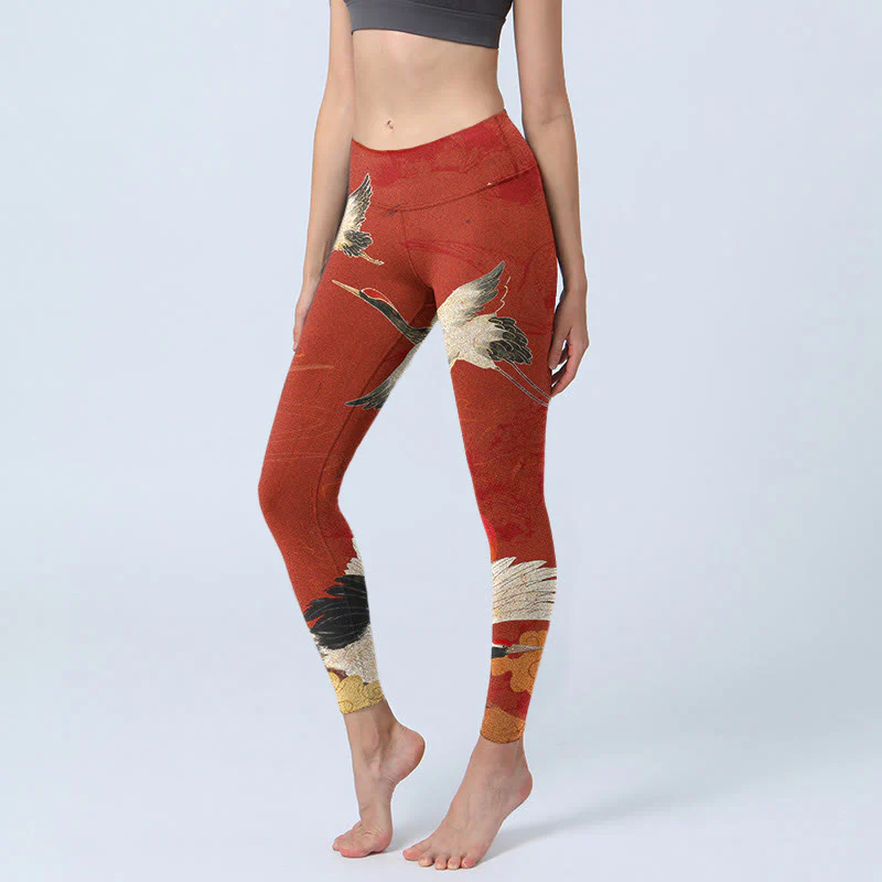 Mocoer Crane Print Lycra Fabric Fitness Leggings Women's Yoga Pants - Mocoer