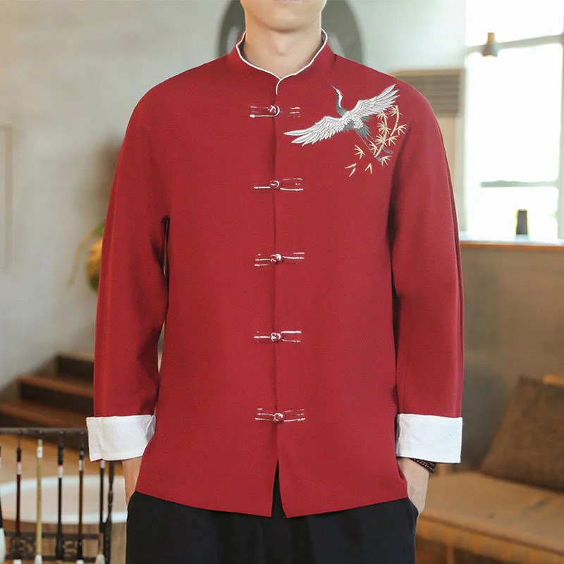 Mocoer Chinese New Year Flying Crane Embroidery Frog-button Tang Suit Cotton Men's Jacket Shirt - Mocoer