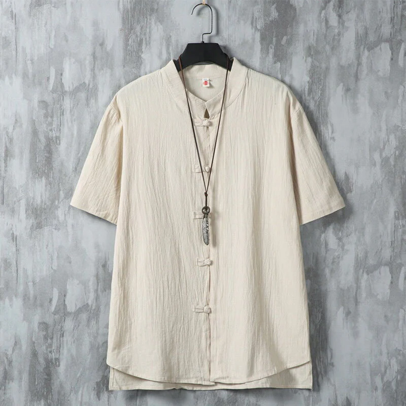 Mocoer Daily Casual Plain Chinese Frog-Button Men's Short Sleeve Cotton Linen Shirt - Mocoer