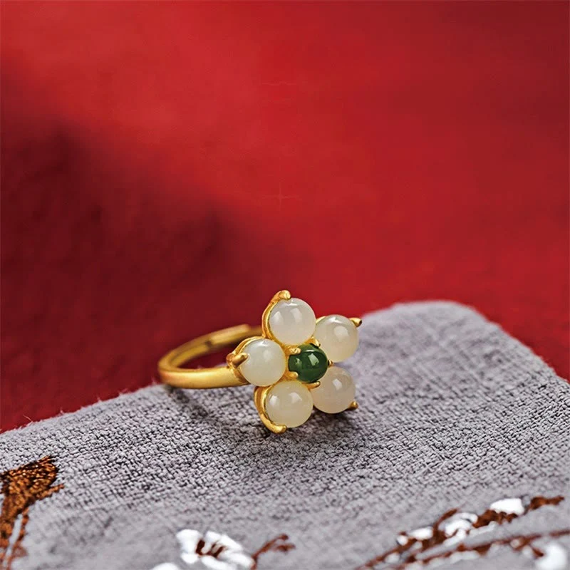 Mocoer 925 Sterling Silver Natural Hetian Jade Peach Blossom Flower Luck Adjustable Ring - Mocoer