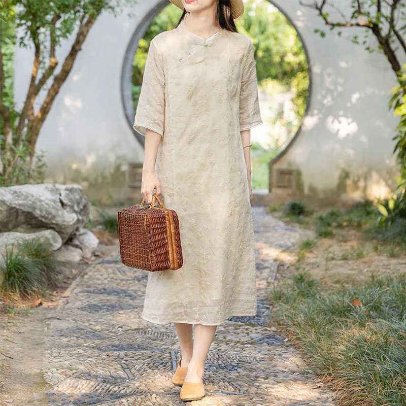 Mocoer Casual Embroidered Slant Collar Stand Collar Half Sleeve Design Ramie Midi Dress With Pockets - Mocoer