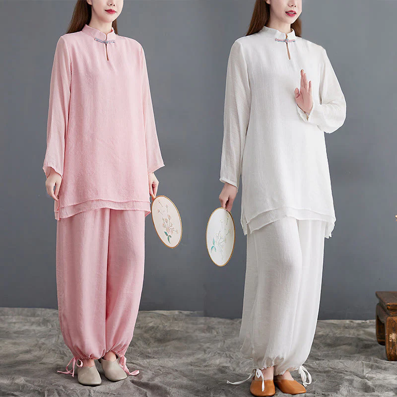 Mocoer 2Pcs Solid Women's Long Sleeve Shirt Pants Meditation Clothing Set - Mocoer