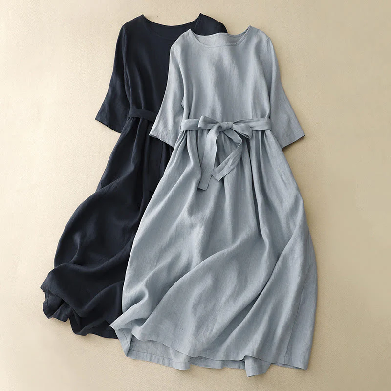 Mocoer Casual Plain Crew Neck Lace-up Half Sleeve Cotton Linen Midi Dress With Pockets - Mocoer
