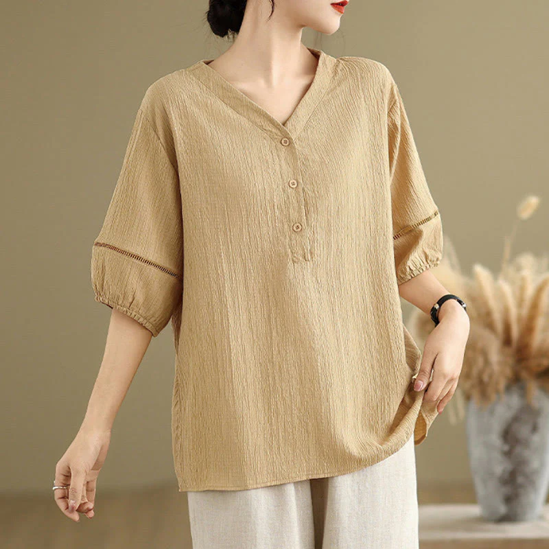 Mocoer Summer Casual Pure Half Puff Sleeve Half Button V-neck Women's T-Shirt - Mocoer
