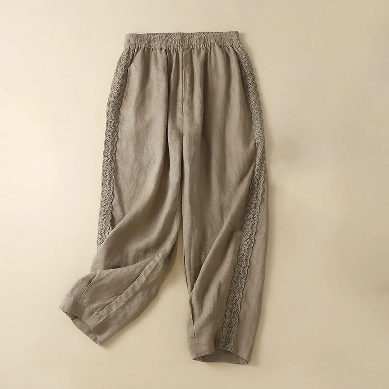 Mocoer Plain Color Flower Embroidery Side Linen Women's Pants With Pockets - Mocoer