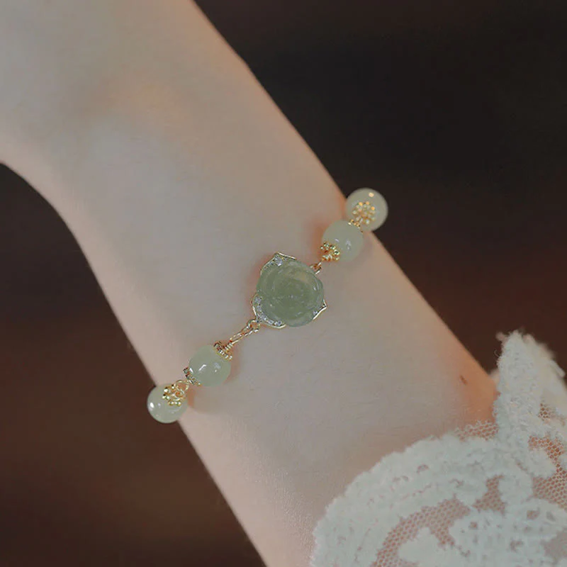 Mocoer 14K Gold Plated Hetian Jade Rose Flower Luck Chain Bracelet - Mocoer