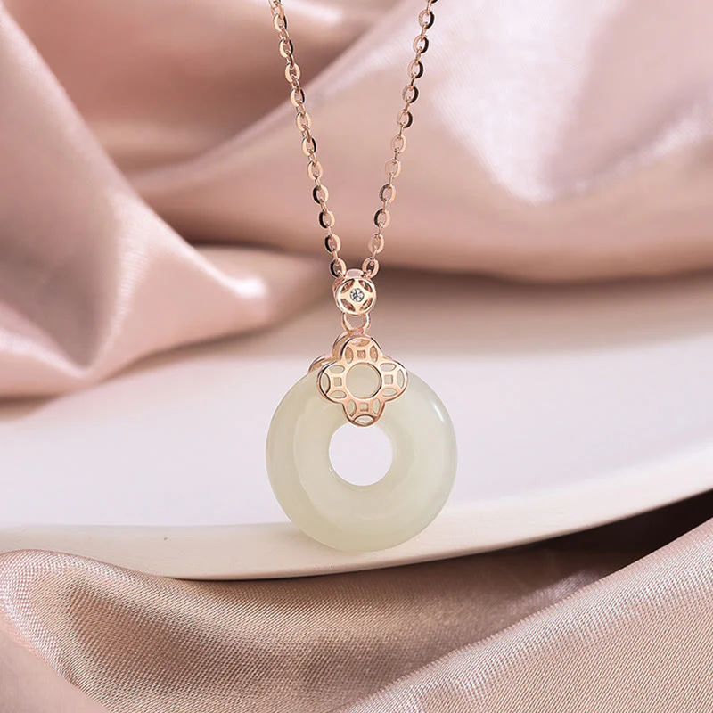 Mocoer 925 Sterling Silver Natural Hetian White Jade Chalcedony Coin Peace Buckle Luck Necklace Pendant - Mocoer