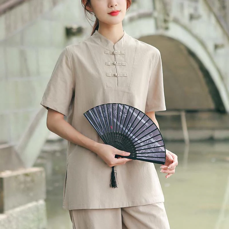 Mocoer 2Pcs Women's Short Sleeve Shirt Top T-Shirt Pants Meditation Zen Tai Chi Cotton Linen Clothing Set - Mocoer