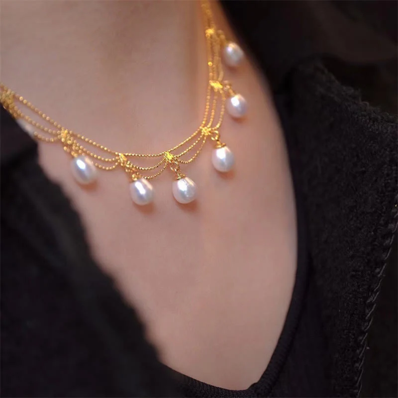 Mocoer Vintage 14K Gold Plated Pearl Bead Healing Multilayer Necklace Pendant - Mocoer