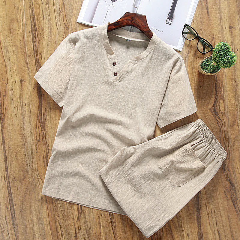 Mocoer Casual 2Pcs Pure Color V-Neck T-Shirt Shorts With Pockets Cotton Linen Men's Meditation Cloth Set - Mocoer