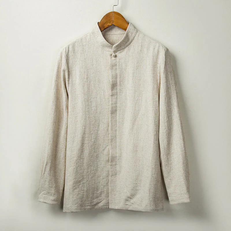 Mocoer Fall Solid Long Sleeve Button Shirt Cotton Linen Men Clothing - Mocoer