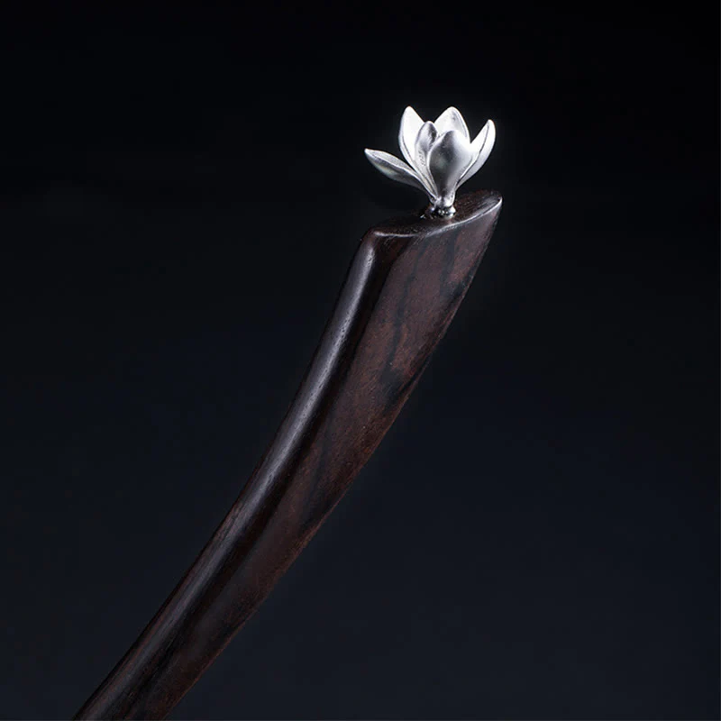 Mocoer 925 Sterling Silver Classical Ebony Magnolia Flower Blessing Hairpin - Mocoer