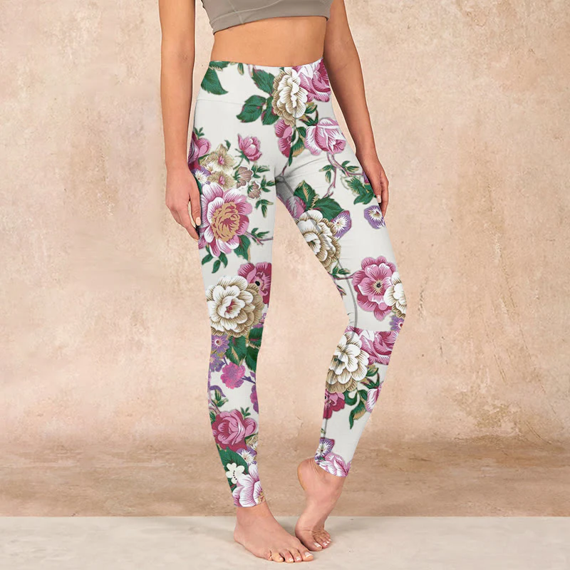 Mocoer Red White Peony Flower Print Sports Leggings Women's Yoga Pants - Mocoer
