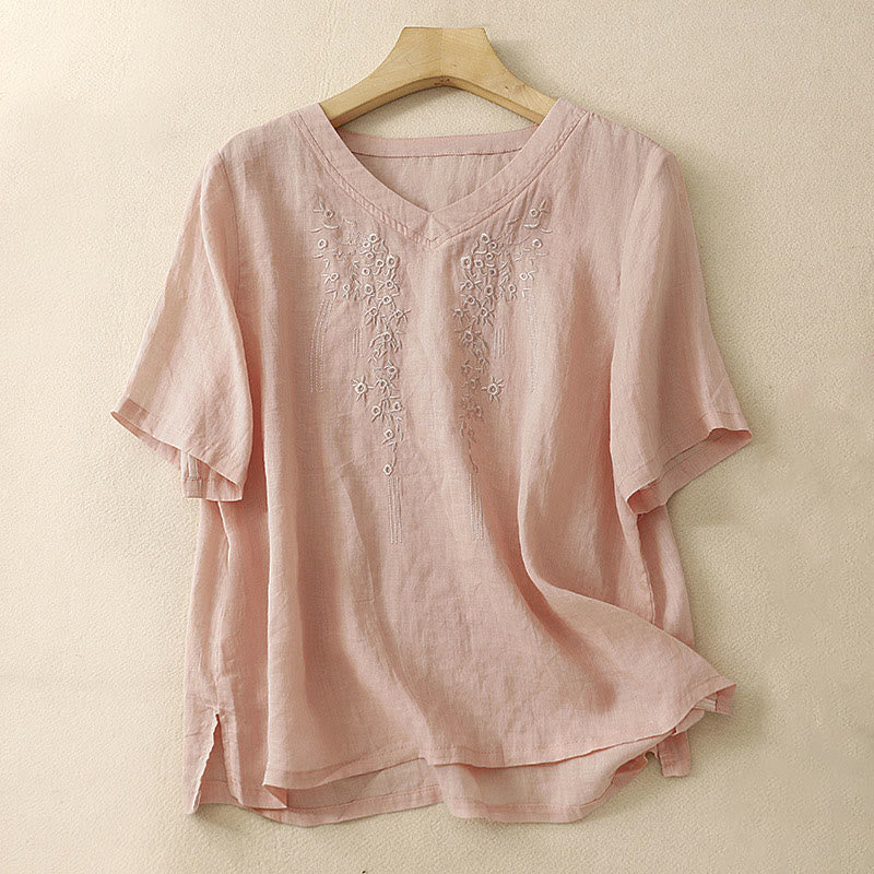 Mocoer Casual Women's Embroidered Flower V-neck Design Loose Half Sleeve Cotton Linen Shirt - Mocoer