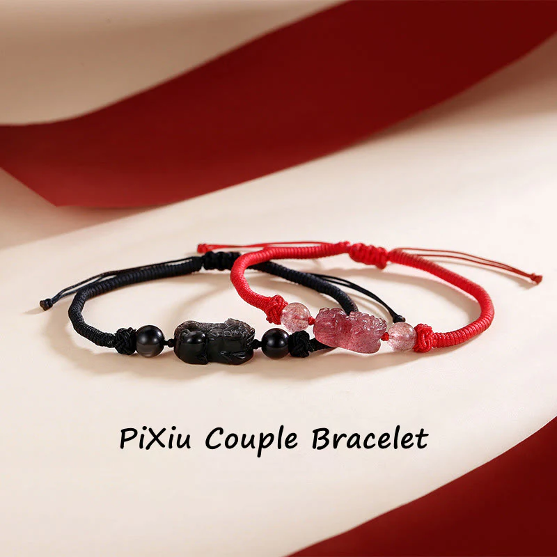 Mocoer Handmade Natural Silver Sheen Obsidian Strawberry Quartz PiXiu Protection Braided Bracelet - Mocoer
