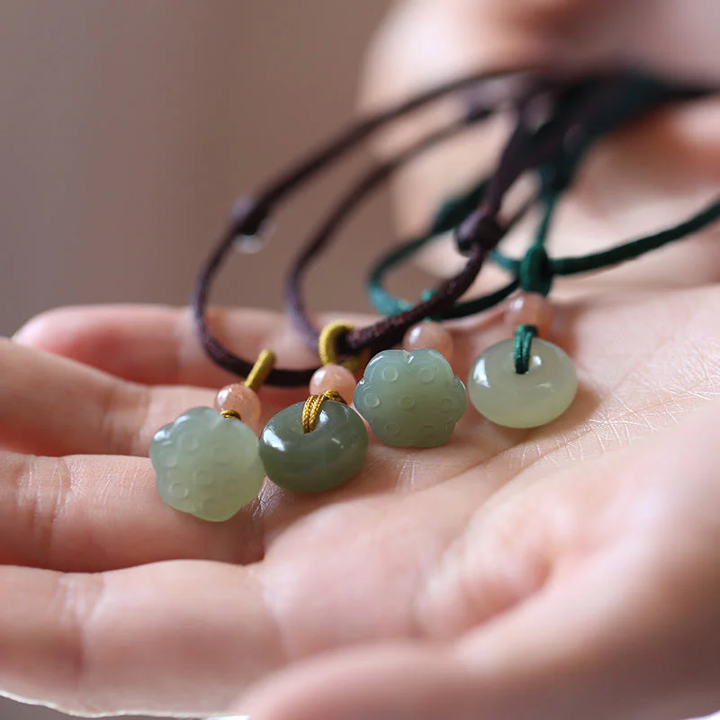 Mocoer Natural Round Jade Peace Buckle Lotus Abundance String Necklace Pendant - Mocoer