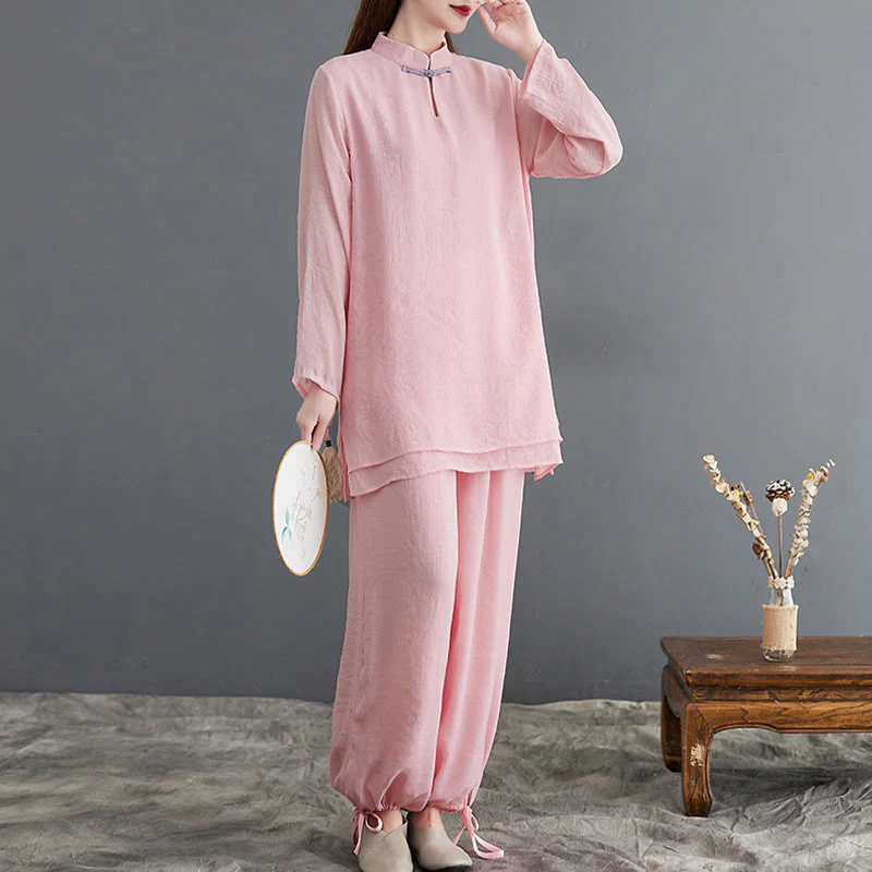 Mocoer 2Pcs Solid Women's Long Sleeve Shirt Pants Meditation Clothing Set - Mocoer