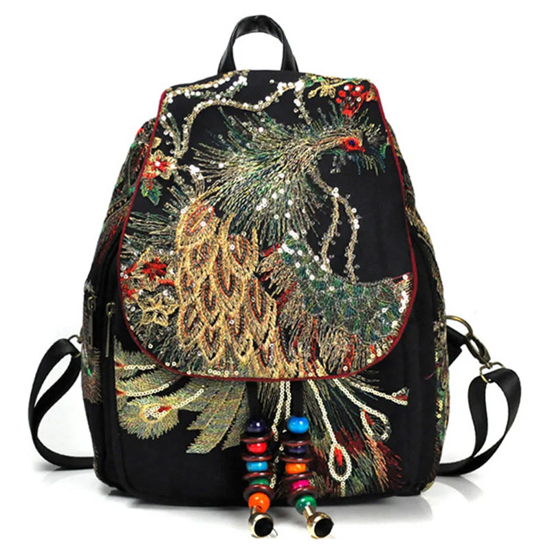 Mocoer Peacock Embroidery Canvas Tassel Backpack - Mocoer