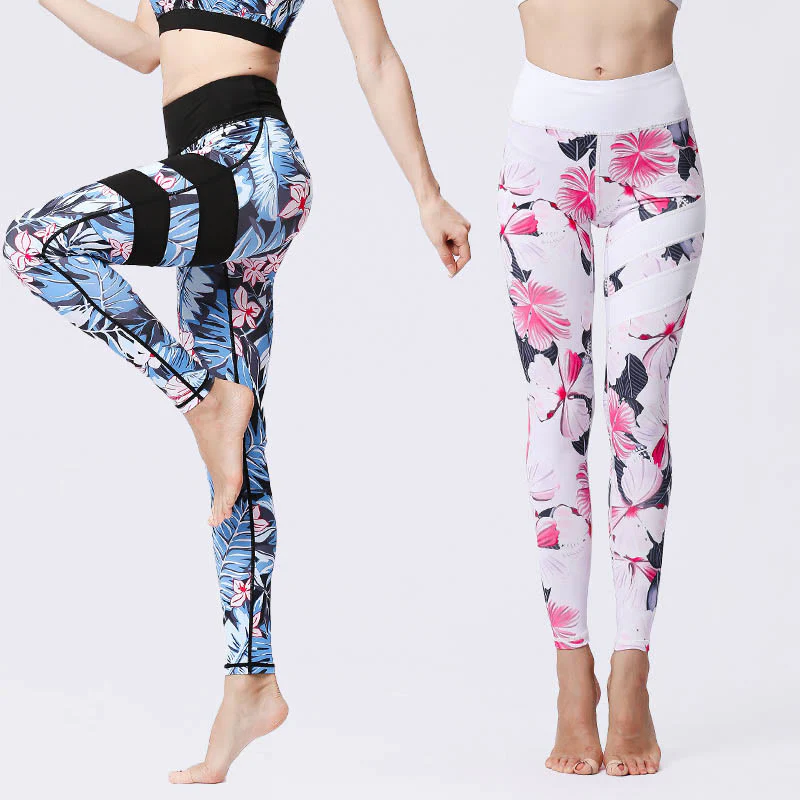 Mocoer Flower Petal Leaves Print Sports Exercise Fitness High Waist Leggings Women's Yoga Pants - Mocoer
